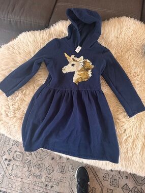 Navy Hooded Girls Dress with color changing Sequin Unicorn